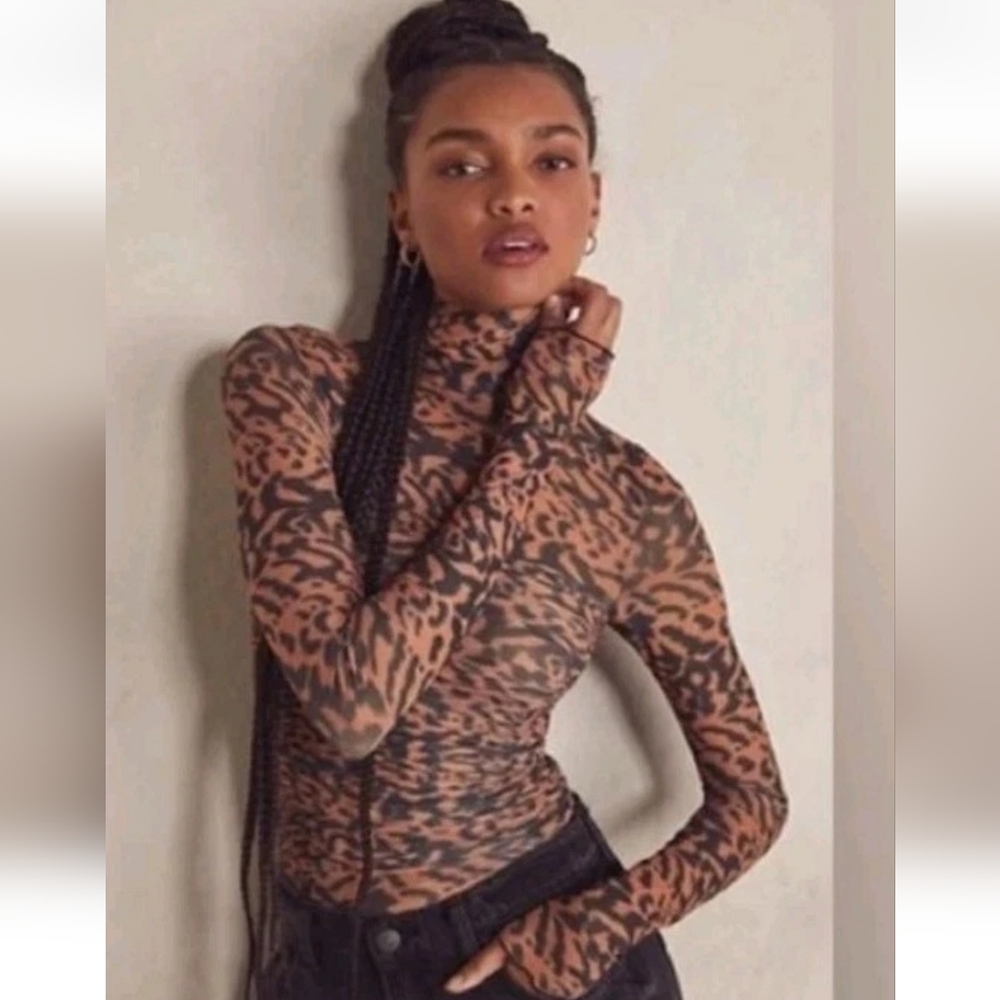 Free People Intimately Size S Under It All Printed Mesh Leopard Bodysuit Ruffle